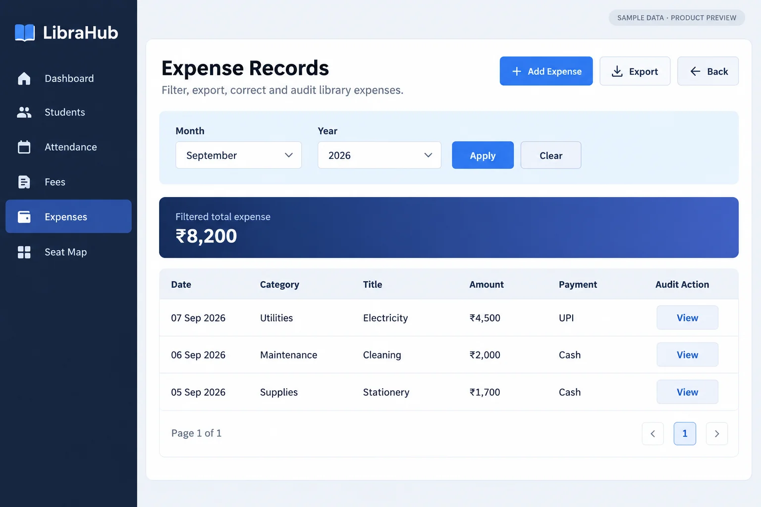 LibraHub Expense Records screen — illustrative preview with sample data