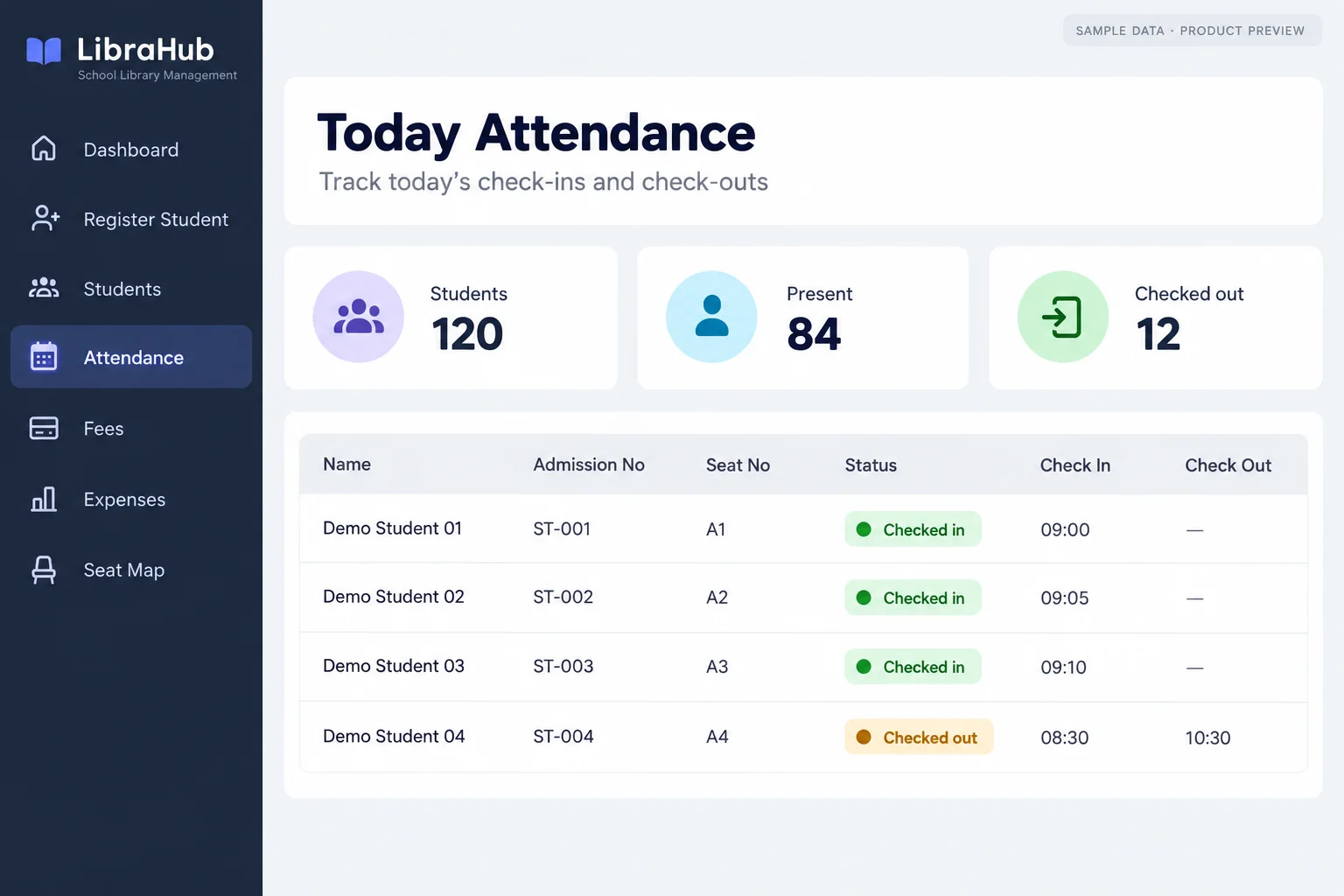 LibraHub Today Attendance screen — illustrative preview with sample data