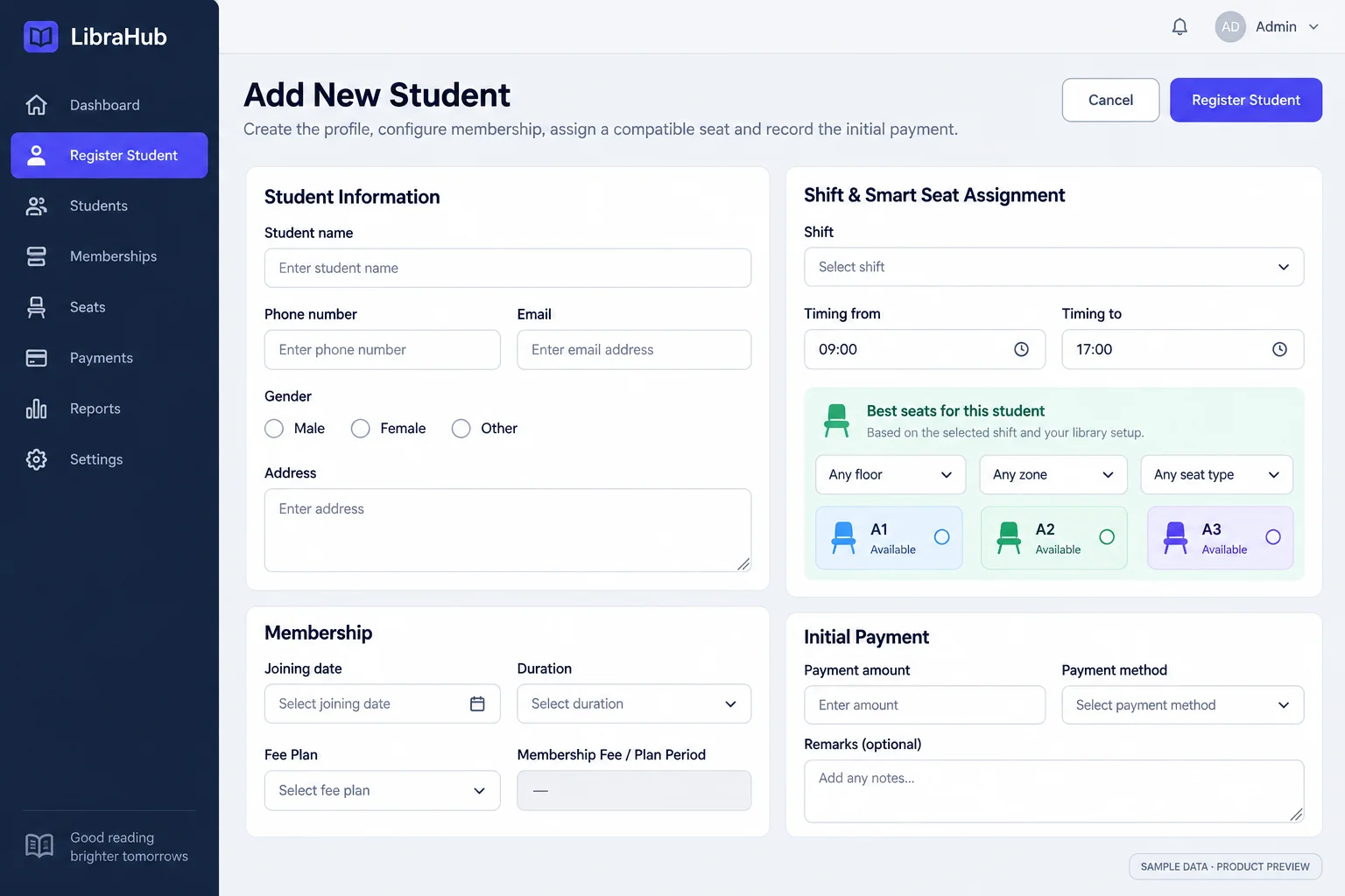 LibraHub Register Student screen — illustrative preview with sample data