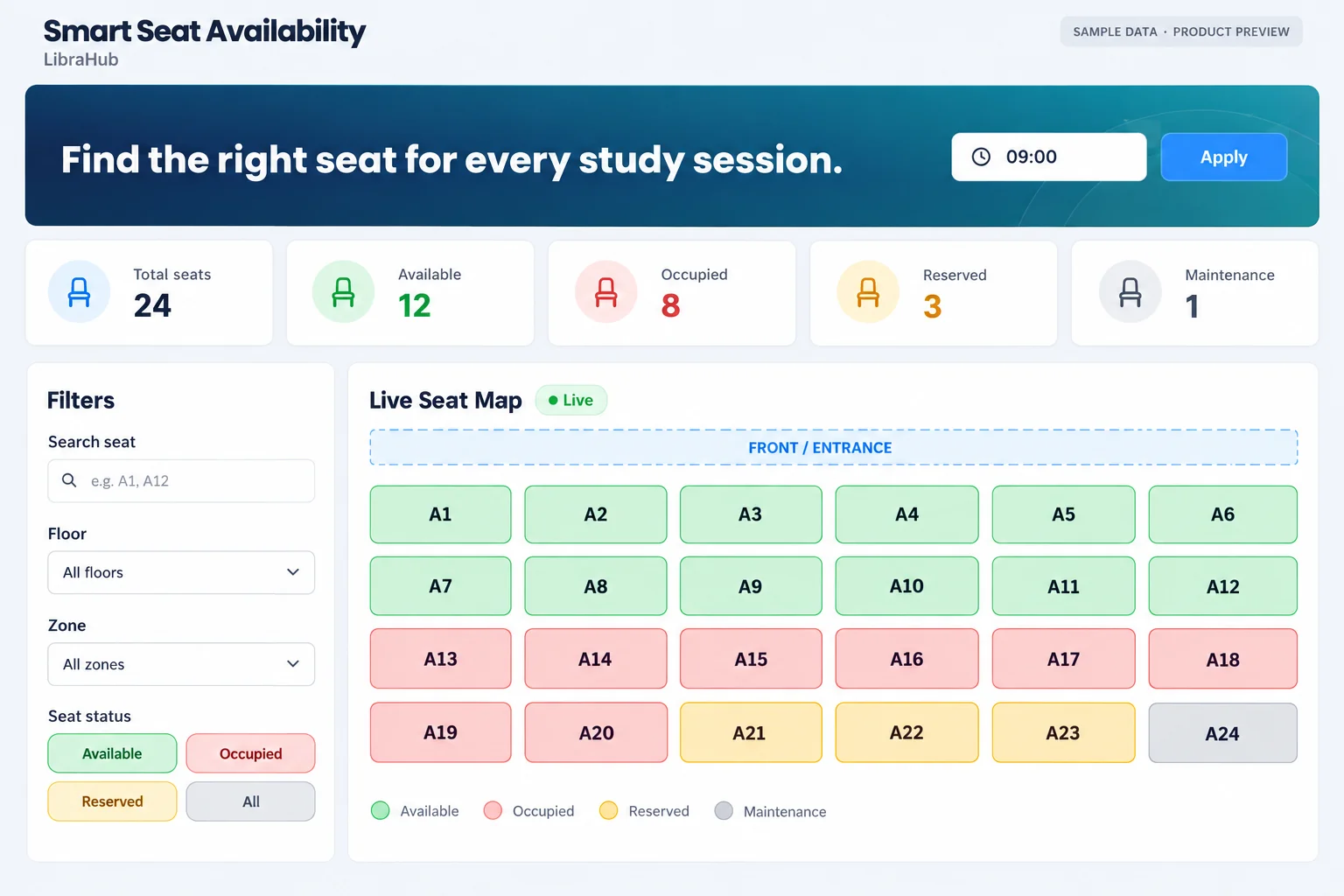 LibraHub Seat Map — illustrative preview with sample data