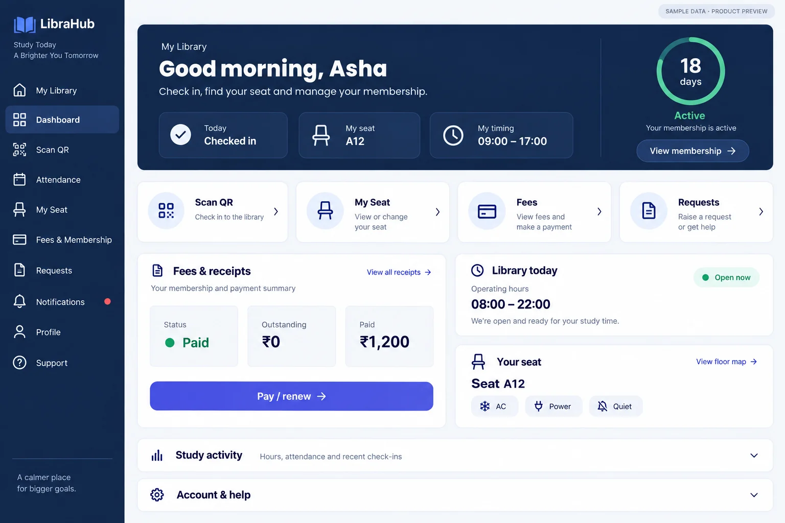 LibraHub Student Dashboard — illustrative preview with sample data